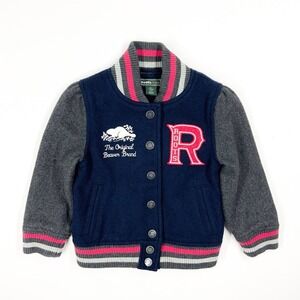 ROOTS Kids Varsity Collegiate Bomber Jacket Logo Girls 2/2T‎ Navy Pink Blue Wool